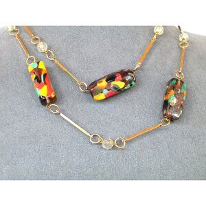 Colorful Multicolor Murano Glass Bead Necklace With Gold-Tone Chain 28 inches